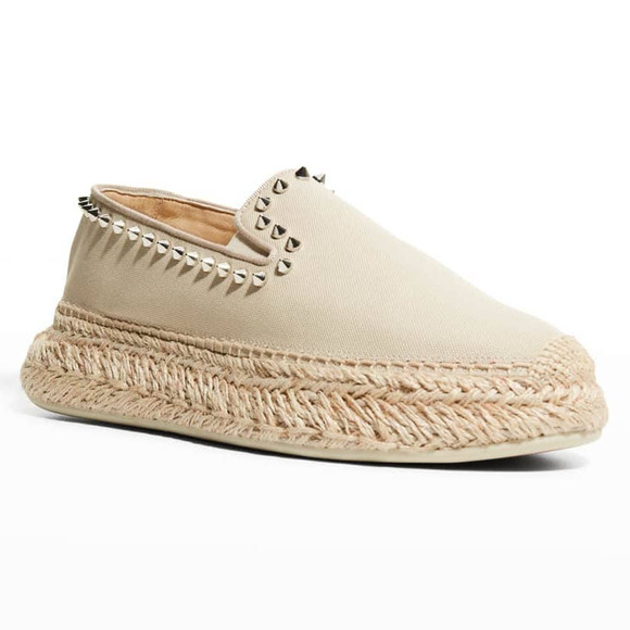 Christian Louboutin Espaboat Neutral Beige Spiked Platform Slip-On Espadrilles - Picture 1 of 16